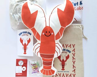 Sew Your Own Lobster Kit, Beginner Sewing Kit for Kids & Adults, Cut and Sew Plush Craft Kit, DIY Coastal Gift