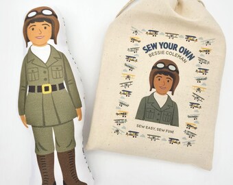 Bessie Coleman Doll Kit – Beginner Sewing Kit for Kids, Black History Craft, Women in Aviation