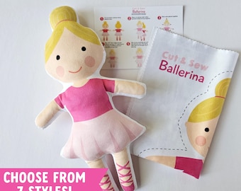 DIY Doll Sewing Kit, Sew Your Own Ballerina Doll, Easy Beginner Sewing Project for Kids, Cut and Sew Doll Pattern