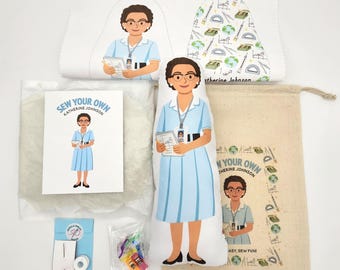 Katherine Johnson Cut & Sew Doll Kit – Beginner Sewing Kit for Kids, STEM History Craft, Women in Science