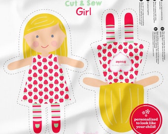 Custom Doll Cut and Sew Panel, Custom Doll Fabric Panel, Doll Fabric Pattern, Strawberry Dress Doll Sewing Pattern, DIY Doll