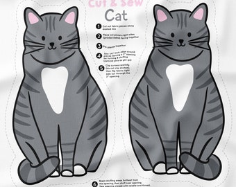 Cut & Sew Gray Cat Panel, Cat Fabric Pattern, Cat Cushion, Sew a Cat Toy, Plush Cat Pattern, Easy Sewing Pattern, Beginner Sewing Pattern