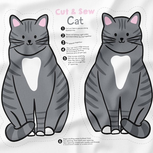 Cut & Sew Gray Cat Panel, Cat Fabric Pattern, Cat Cushion, Sew a Cat Toy, Plush Cat Pattern, Easy Sewing Pattern, Beginner Sewing Pattern