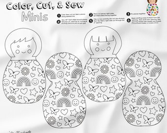 Color, Cut, & Sew Mini Dolls Fabric Panel, Doll Fabric Panel, Doll Pattern, Color Me Mini Doll Sewing Pattern, DIY Doll, Beginner Sewing