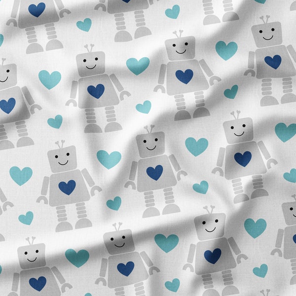 Tissus robots de la Saint-Valentin par mètre ou Fat Quarter, coton à courtepointe, tissu jersey, vison, coton bio, tissu pour la Saint-Valentin, coeurs, robots