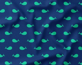 Green Whales on Navy Blue Fabric by the Yard or Fat Quarter - Ocean Fabric - Whale Fabric - Nautical Fabric - Summer Fabric - Beach Fabric