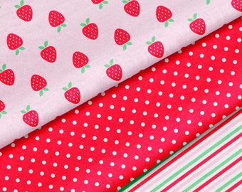 Strawberry Fabric by the Yard -  Berry Sweet Fabric - Quilting Cotton, Jersey, Minky, Organic Cotton - Strawberries, Stripes, and Polka Dots