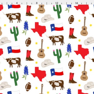 Texas Fabric Fabric by the Yard or Fat Quarter Quilting Cotton, Jersey, Minky, Organic Cotton Longhorn, Bluebonnet, Cactus, Texas Icons Medium