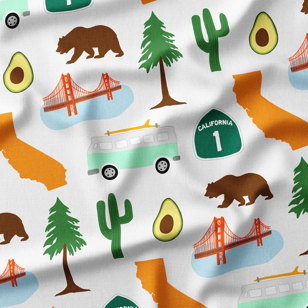 California Fabric -Fabric by the Yard or Fat Quarter -Quilting Cotton, Jersey, Minky, Organic Cotton -San Francisco, surf van, redwoods, PCH