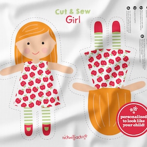 Custom Doll Cut and Sew Panel, Custom Doll Fabric Panel, Doll Fabric Pattern, Apple Dress Doll Sewing Pattern, DIY Doll image 1
