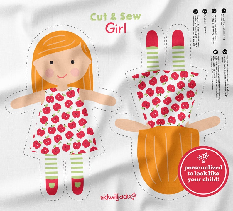 Custom Doll Cut and Sew Panel, Custom Doll Fabric Panel, Doll Fabric Pattern, Apple Dress Doll Sewing Pattern, DIY Doll image 1