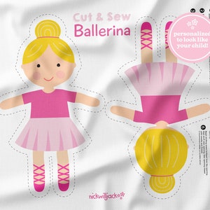 Ballerina Cut and Sew Panel, Custom Doll Fabric Panel, Ballerina Doll Fabric Pattern, Doll Sewing Pattern, DIY Doll, Personalized Doll
