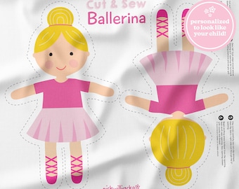 Ballerina Cut and Sew Panel, Custom Doll Fabric Panel, Ballerina Doll Fabric Pattern, Doll Sewing Pattern, DIY Doll, Personalized Doll