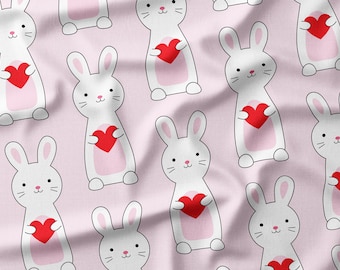 Valentine Bunny Fabric by the Yard or Fat Quarter, Quilting Cotton, Jersey, Minky, Organic Cotton, Valentine's Day Fabric, Rabbits, Heart