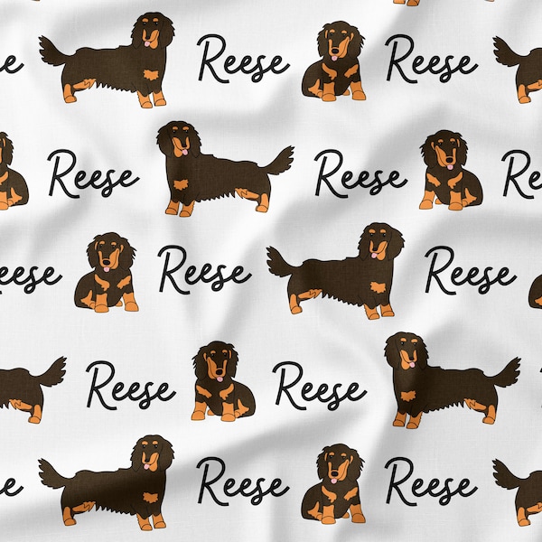 Personalized Long-Haired Dachshund Fabric by the Yard or Fat Quarter, Quilting Cotton, Jersey, Minky, Organic Cotton, Custom Dog Fabric