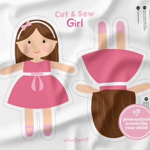 Personalized Doll Panel, Custom Doll Fabric Panel, Cloth Doll Pattern, Pink Dress Doll Sewing Pattern, DIY Soft Doll, Rag Doll