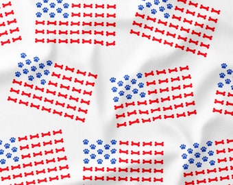 Fourth of July Dog Themed Flag Fabric with Paw Prints and Bones