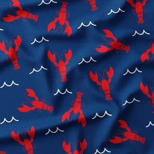 Lobster on Navy Blue Fabric - Scattered Lobster Fabric - Coastal Fabric -Fabric by the Yard or Fat Quarter -Crawfish -Waves - Cotton, Minky