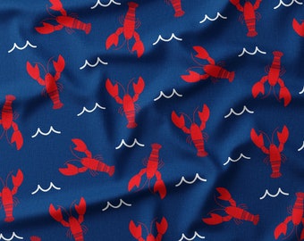 Lobster on Navy Blue Fabric - Scattered Lobster Fabric - Coastal Fabric -Fabric by the Yard or Fat Quarter -Crawfish -Waves - Cotton, Minky