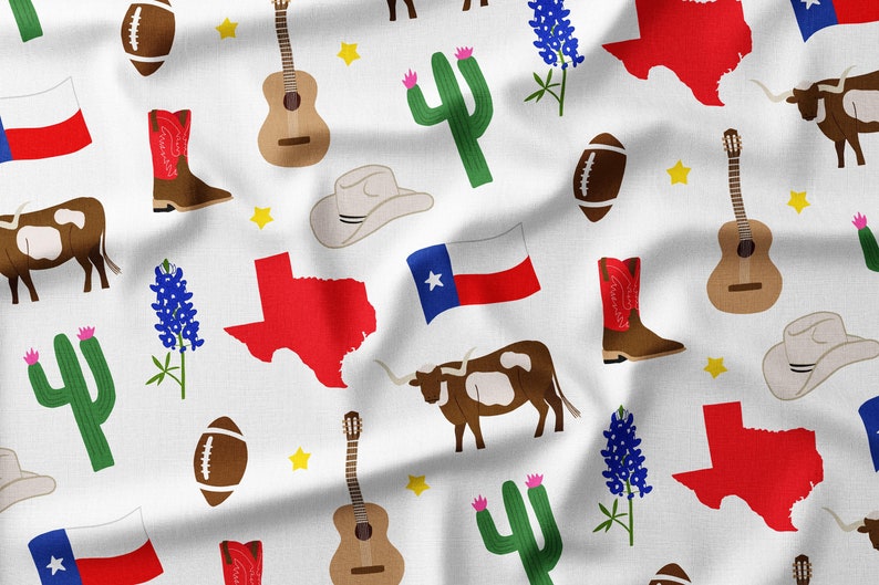 Texas Fabric Fabric by the Yard or Fat Quarter Quilting Cotton, Jersey, Minky, Organic Cotton Longhorn, Bluebonnet, Cactus, Texas Icons image 3