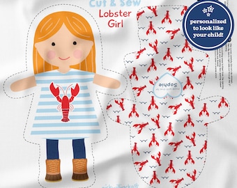 Lobster Girl Doll Pattern, Custom Doll, Cloth Doll Pattern, Maine Doll, Cut and Sew Doll Panel