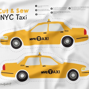 New York City Taxi Cut and Sew Panel, Taxi Fabric Panel, New York City Nursery Cushion, Taxi Plushie Panel, Sewing for Kids, Kids Sewing