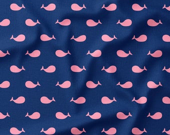 Pink Whale on Navy Blue Fabric by the Yard or Fat Quarter - Ocean Fabric - Whale Fabric - Nautical Fabric