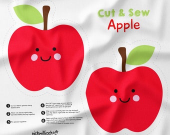 DIY Red Apple Cut and Sew Panel, Fabric Panel, Nursery Cushion, Apple Plushie Panel, Soft Toy, Beginner Sewing Project