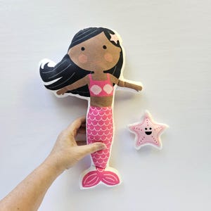 Panel de muñeca de sirena para cortar y coser, panel de tela para muñeca de sirena personalizado, crea tu propia muñeca, patrón de costura para muñeca, muñeca personalizada, muñeca negra