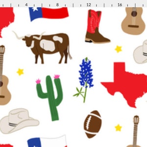 Texas Fabric Fabric by the Yard or Fat Quarter Quilting Cotton, Jersey, Minky, Organic Cotton Longhorn, Bluebonnet, Cactus, Texas Icons Large