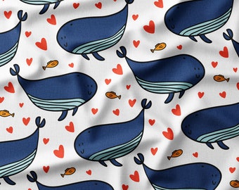 Whale & Fish Heart Fabric by the Yard or Fat Quarter, Quilting Cotton, Jersey, Minky, Organic Cotton, Valentine's Day Fabric, Kids, Goldfish
