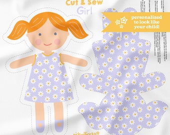 Custom Doll Cut and Sew Panel, Custom Doll Fabric Panel, Doll Fabric Pattern, Daisy Dress Doll Sewing Pattern, DIY Doll