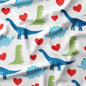 Valentines Dinosaurs Fabric by the Yard or Fat Quarter, Quilting Cotton, Jersey, Minky, Organic Cotton, Valentine's Day Fabric, Kids, Dinos