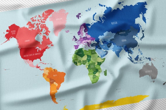 World Map Fabric Panel - Map Fabric by the Yard or Fat Quarter - Quilting Cotton, Jersey, Minky, Organic Cotton - Rainbow, Countries Panel Il_570xn