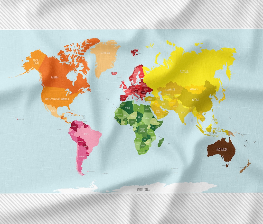 Montessori World Map Fabric Panel Map Fabric by the Yard Quilting