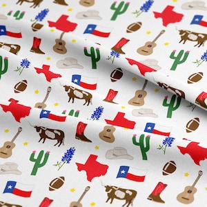 Texas Fabric - Fabric by the Yard or Fat Quarter -Quilting Cotton, Jersey, Minky, Organic Cotton - Longhorn, Bluebonnet, Cactus, Texas Icons