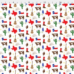 Texas Fabric Fabric by the Yard or Fat Quarter Quilting Cotton, Jersey, Minky, Organic Cotton Longhorn, Bluebonnet, Cactus, Texas Icons Small