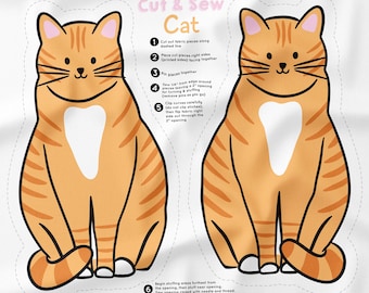 Cut & Sew Orange Cat Panel, Cat Fabric Pattern, Cat Cushion, Sew a Cat Toy, Plush Cat Pattern, Easy Sewing Pattern, Beginner Sewing Pattern