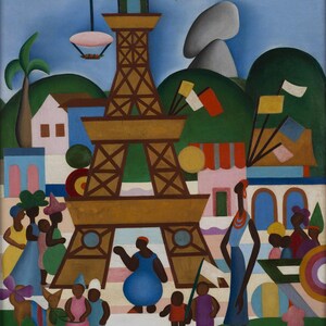 May include: A colorful painting depicting a stylized Eiffel Tower in a vibrant landscape. People in various colors and shapes are gathered around the tower, with a pink hot air balloon floating above. The painting is a mix of geometric shapes and bold colors, creating a playful and whimsical scene.