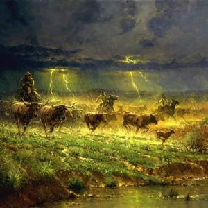 Puede incluir: Una pintura que representa una manada de ganado corriendo por un campo durante una tormenta eléctrica. El cielo está oscuro y tormentoso, con rayos que caen en la distancia. El ganado es marrón y blanco, y corre de manera aterrorizada. La pintura está hecha en un estilo realista, y captura el drama y la emoción de una tormenta eléctrica.