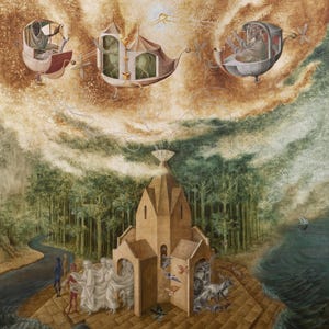 Puede incluir: Una pintura surrealista que representa una escena fantástica con tres carruajes voladores, una estructura en forma de torre y figuras con túnicas blancas que caminan hacia ella. Los carruajes están adornados con detalles intrincados y vuelan a través de un cielo dorado y arremolinado. La torre está rodeada de un bosque y una masa de agua. La pintura está llena de simbolismo y evoca una sensación de misterio y asombro.