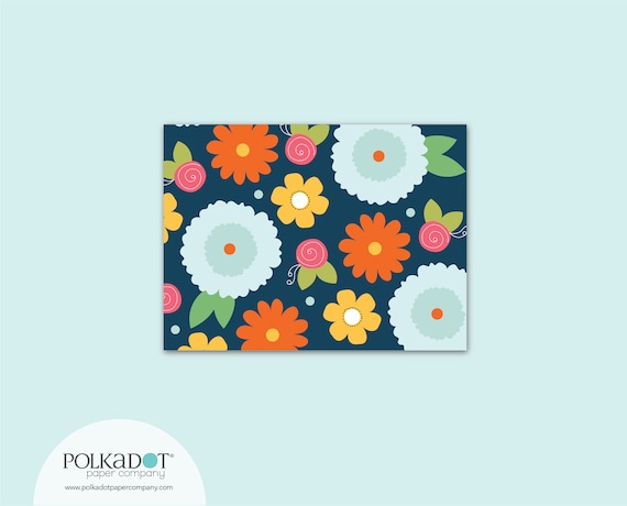 Navy Flowers Folded Notecards: thank you notes, blank notecards, small folded cards, greeting cards, flower cards, floral stationery Il_570xn