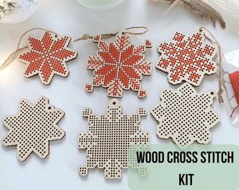 Christmas cross stitch ornaments KIT for beginners - Snowflake ornament embroidery kit beginner - Xmas ornaments kit - DIY Adult Craft Kit