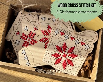Set of 3 Christmas cross stitch hanging ornaments KIT - DIY Christmas ornament embroidery kit for beginner -  Xmas winter embroidery decor