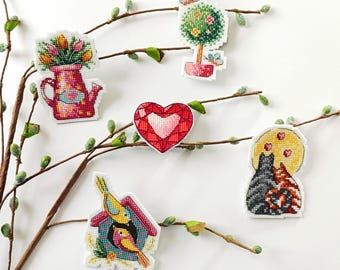 Set of 5 Cute mini cross stitch PATTERN - Tiny spring hand embroidery pattern PDF for beginner - Nature cross stitch art