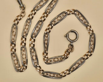 Antique Victorian Niello Silver & 10k Rose Gold Vermeil Chain Necklace, 17-1/4" inches