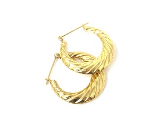 Vintage 14k Yellow Solid Gold Croissant Dôme, Puffy Twist Style Hoops Earrings