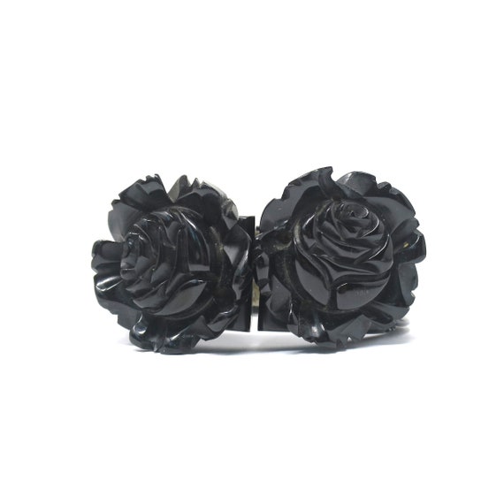 Vintage Heavily Carved Cabbage Rose Jet Black Bak… - image 1