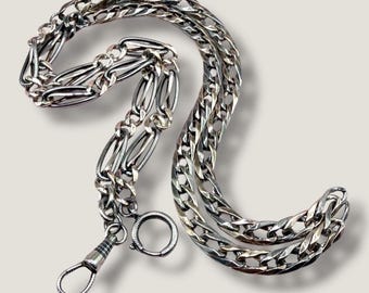 Converted Antique Victorian Niello 800 Silver & Rose Gold Vermeil Long Watch Chain Necklace MB19
