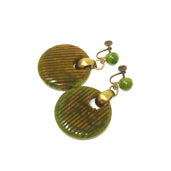 Carved Bakelite Hoops, Green Transparent Earrings… - image 4